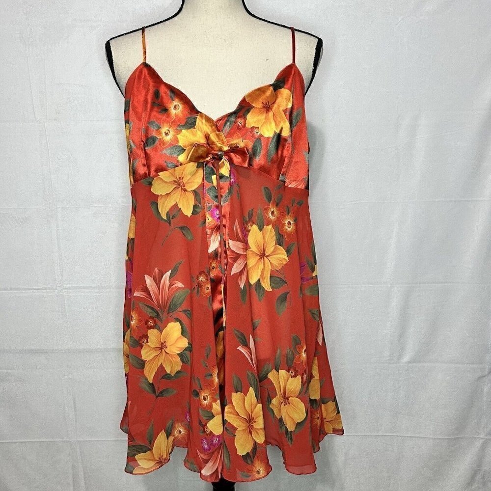 Victoria's Secret Heart Label Camisole Slip Chemise Vibrant Florals w Bow Size L